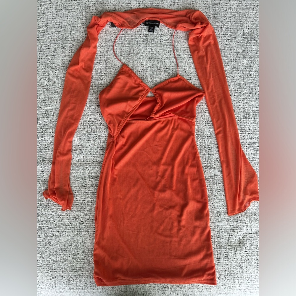 Pretty Little Thing Orange Mesh Lace Up Detail Overlay Bodycon Dress